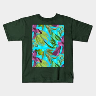 Blooming tropical flowers and leaves pattern floral illustration, aqua blue tropical pattern over a Kids T-Shirt